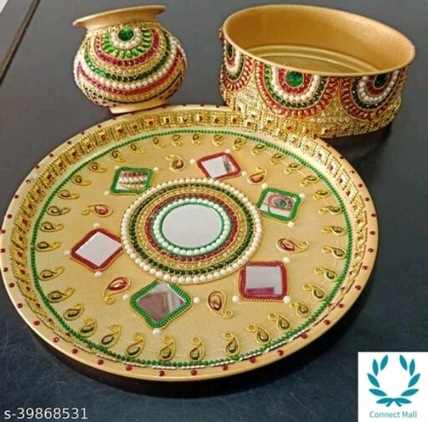 Karwa Chuth & Dewali Puja Articles Stainless Steel - Golden, Stainless Steel, Karwa Chauth Thali Set, 3 Pieces of 1Pack